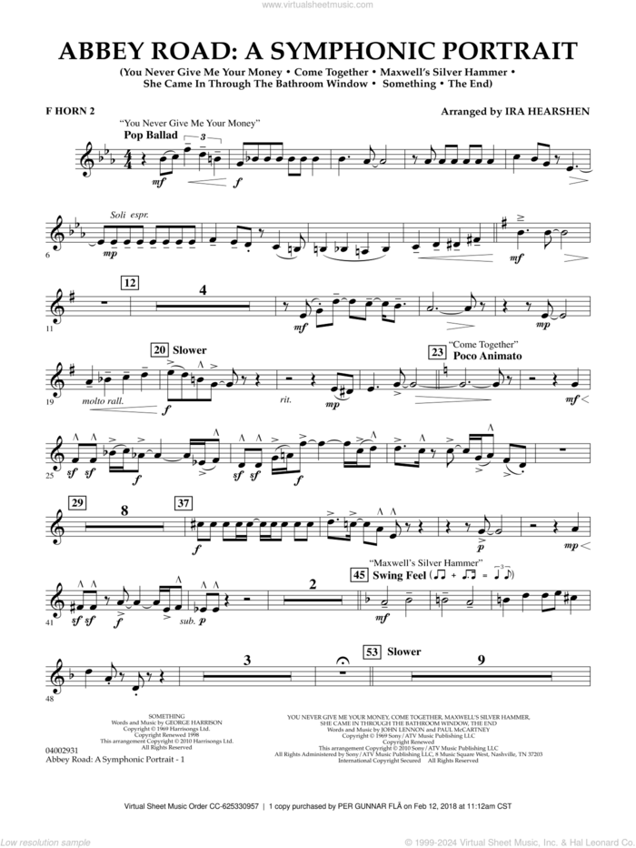 Abbey Road, a symphonic portrait sheet music for concert band (horn 2 in f) by The Beatles and Ira Hearshen, intermediate skill level