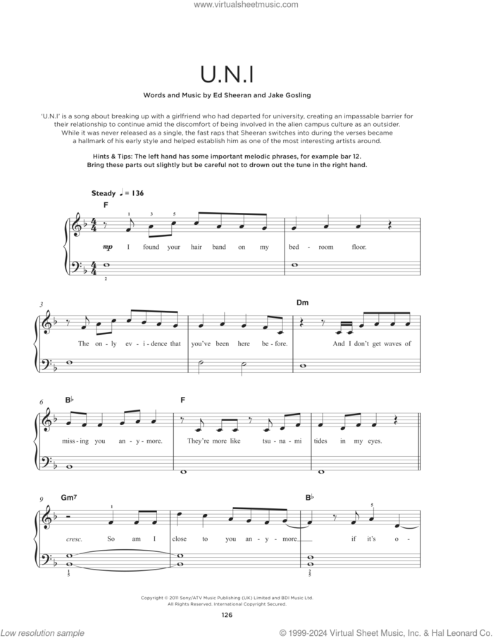 U.N.I. sheet music for piano solo by Ed Sheeran and Jake Gosling, beginner skill level