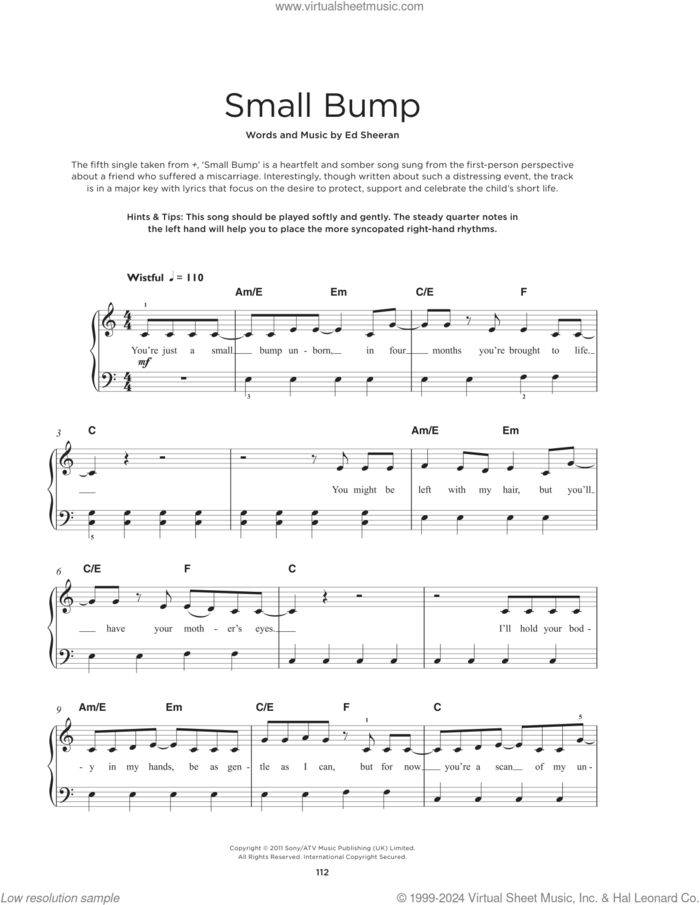 Small Bump, (beginner) sheet music for piano solo by Ed Sheeran, beginner skill level