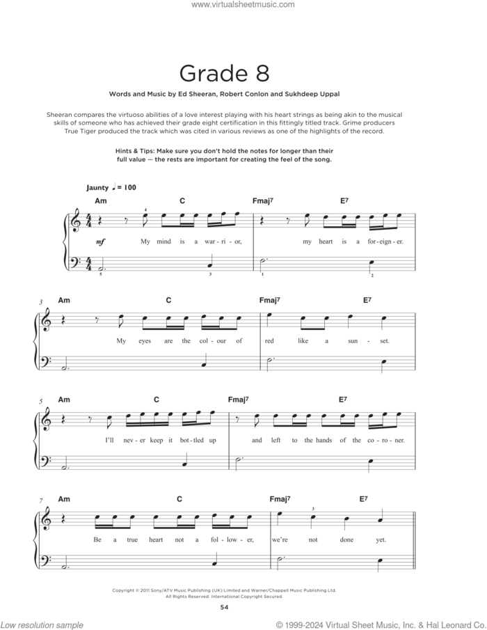 Grade 8, (beginner) sheet music for piano solo by Ed Sheeran, Robert Conlon and Sukhdeep Uppal, beginner skill level