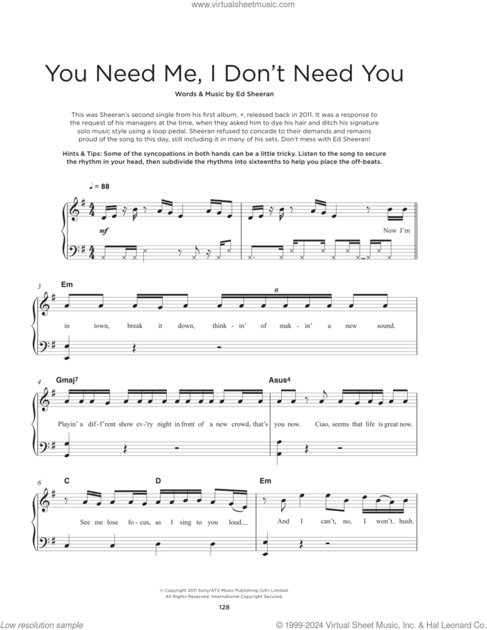You Need Me, I Don't Need You sheet music for piano solo by Ed Sheeran, beginner skill level