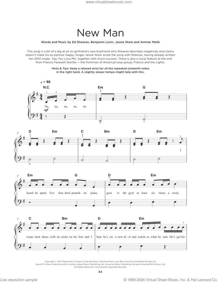 New Man sheet music for piano solo by Ed Sheeran, Ammar Malik, Benjamin Levin and Jessie Ware, beginner skill level