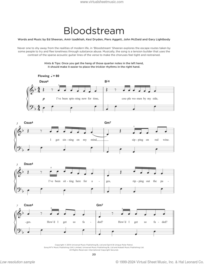 Bloodstream, (beginner) sheet music for piano solo by Ed Sheeran, Amir Izadkhah, Gary Lightbody, John McDaid, Kesi Dryden and Piers Aggett, beginner skill level