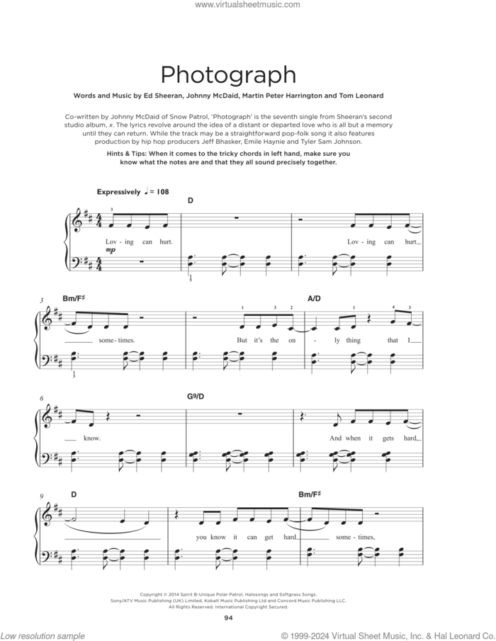 Photograph sheet music for piano solo by Ed Sheeran, Johnny McDaid, Martin Peter Harrington and Tom Leonard, beginner skill level