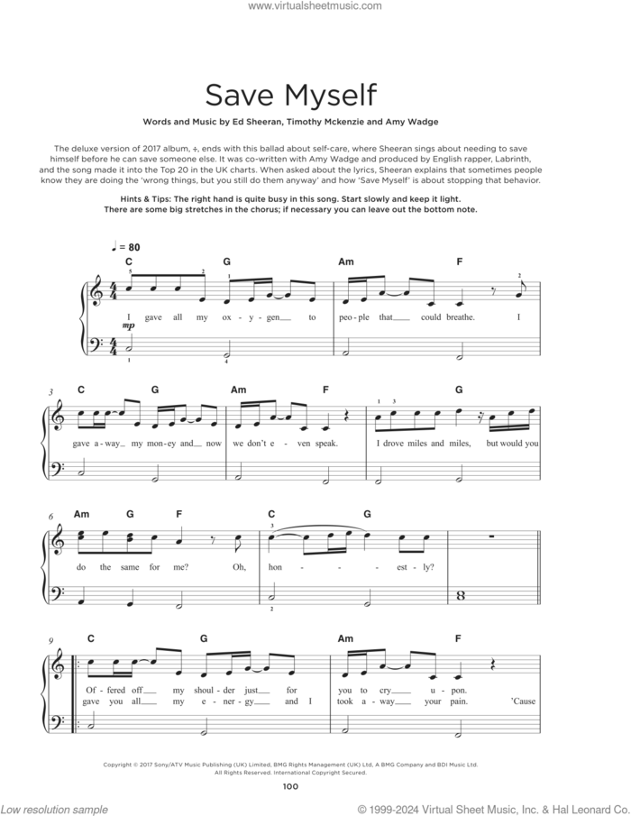 Save Myself sheet music for piano solo by Ed Sheeran, Amy Wadge and Timothy McKenzie, beginner skill level
