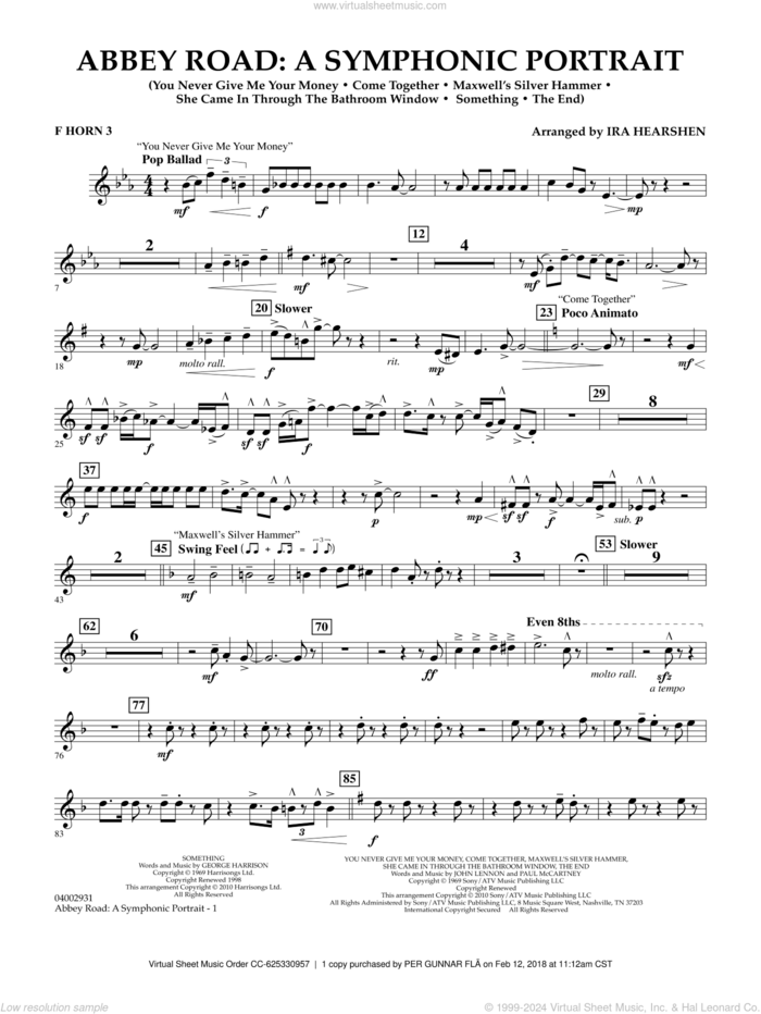 Abbey Road, a symphonic portrait sheet music for concert band (horn 3 in f) by The Beatles and Ira Hearshen, intermediate skill level