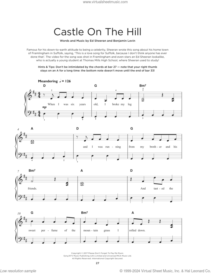 Castle On The Hill sheet music for piano solo by Ed Sheeran and Benjamin Levin, beginner skill level