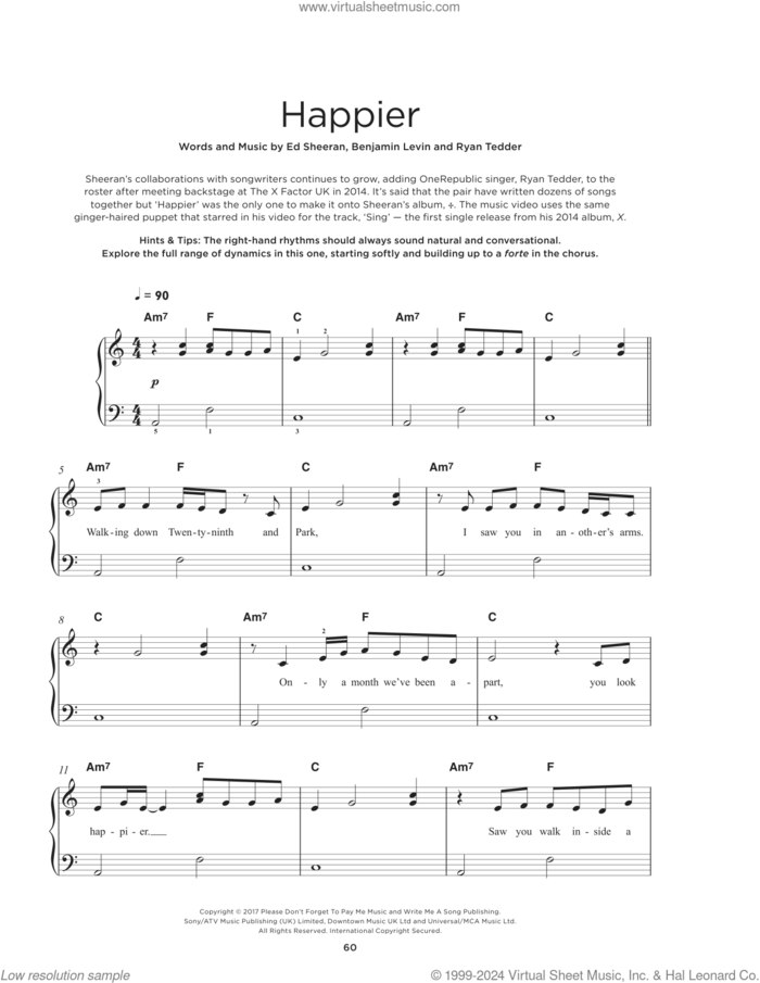 Happier, (beginner) sheet music for piano solo by Ed Sheeran, Benjamin Levin and Ryan Tedder, beginner skill level
