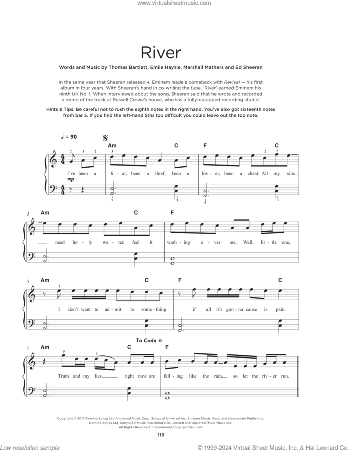 River (feat. Ed Sheeran) sheet music for piano solo by Eminem, Ed Sheeran, Emile Haynie, Marshall Mathers and Thomas Bartlett, beginner skill level