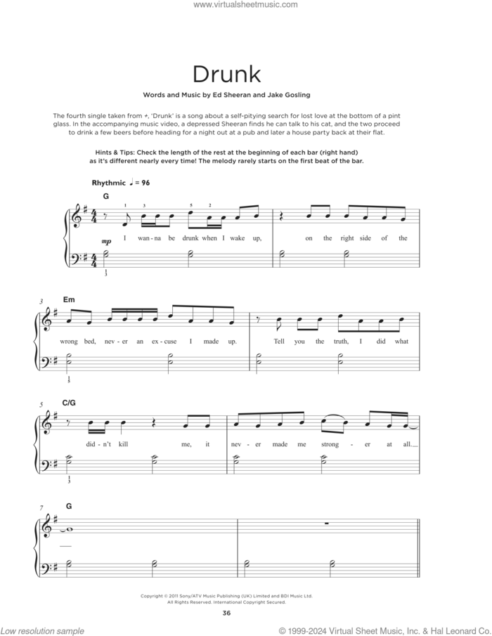 Drunk, (beginner) sheet music for piano solo by Ed Sheeran and Jake Gosling, beginner skill level