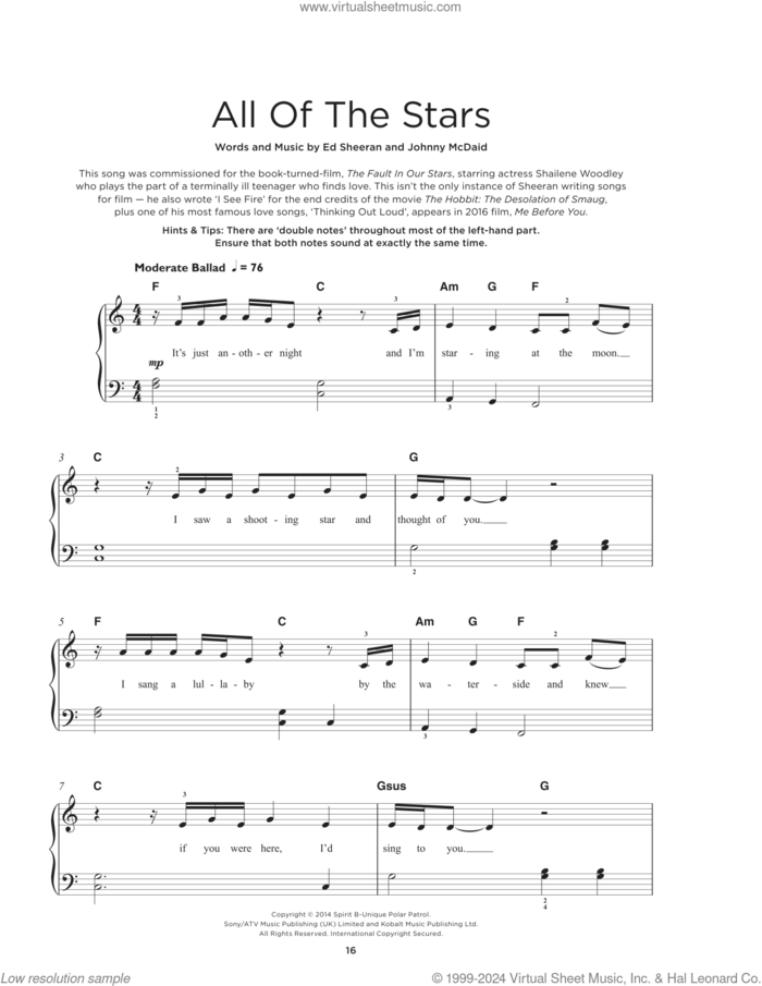 All Of The Stars, (beginner) sheet music for piano solo by Ed Sheeran and Johnny McDaid, beginner skill level