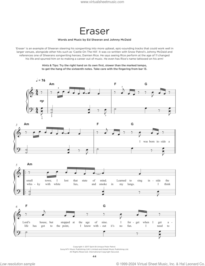 Eraser sheet music for piano solo by Ed Sheeran and Johnny McDaid, beginner skill level