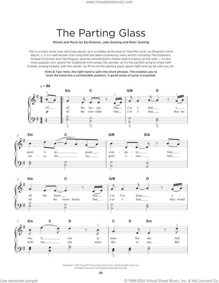 The Parting Glass sheet music for piano solo by Ed Sheeran, Jake Gosling and Peter Gosling, beginner skill level