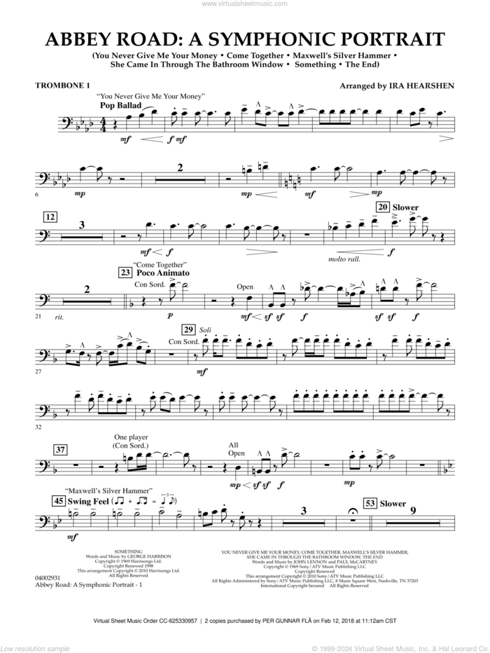 Abbey Road, a symphonic portrait sheet music for concert band (trombone 1) by The Beatles and Ira Hearshen, intermediate skill level