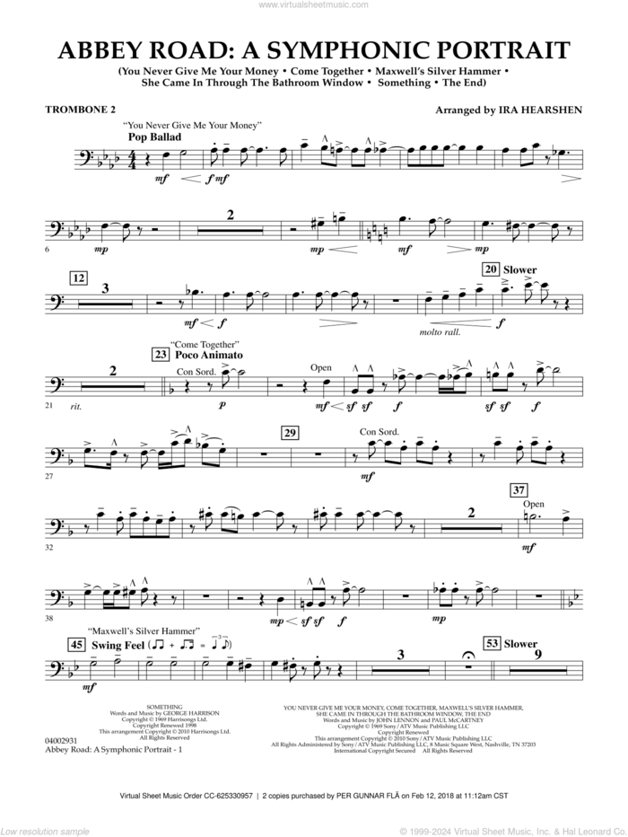 Abbey Road, a symphonic portrait sheet music for concert band (trombone 2) by The Beatles and Ira Hearshen, intermediate skill level