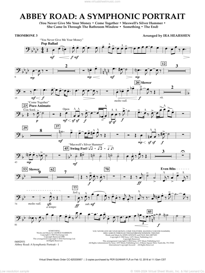 Abbey Road, a symphonic portrait sheet music for concert band (trombone 3) by The Beatles and Ira Hearshen, intermediate skill level