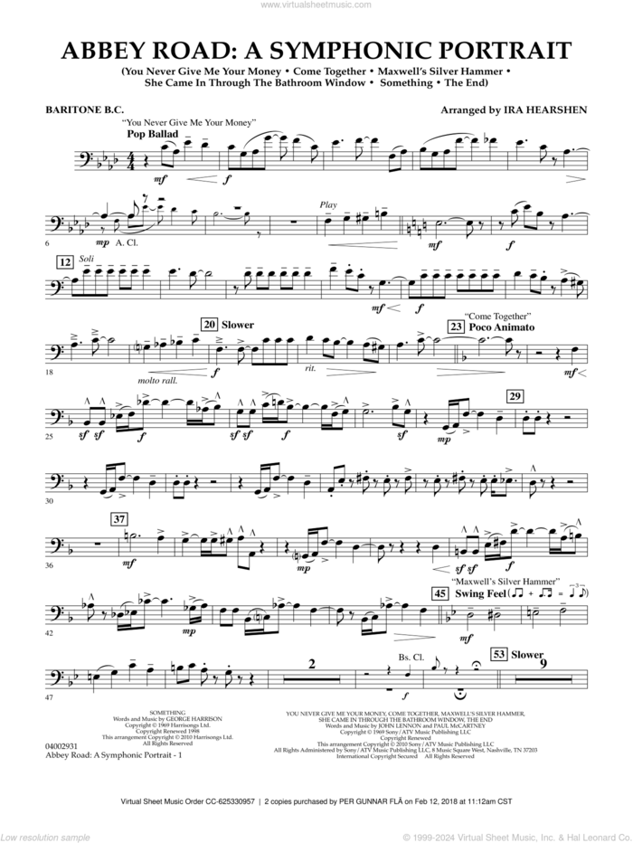 Abbey Road, a symphonic portrait sheet music for concert band (baritone b.c.) by The Beatles and Ira Hearshen, intermediate skill level