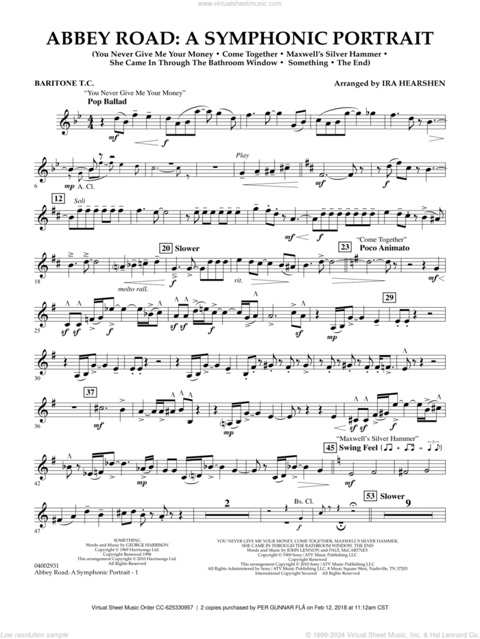 Abbey Road, a symphonic portrait sheet music for concert band (baritone t.c.) by The Beatles and Ira Hearshen, intermediate skill level