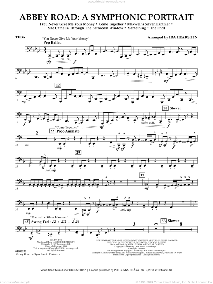 Abbey Road, a symphonic portrait sheet music for concert band (tuba) by The Beatles and Ira Hearshen, intermediate skill level