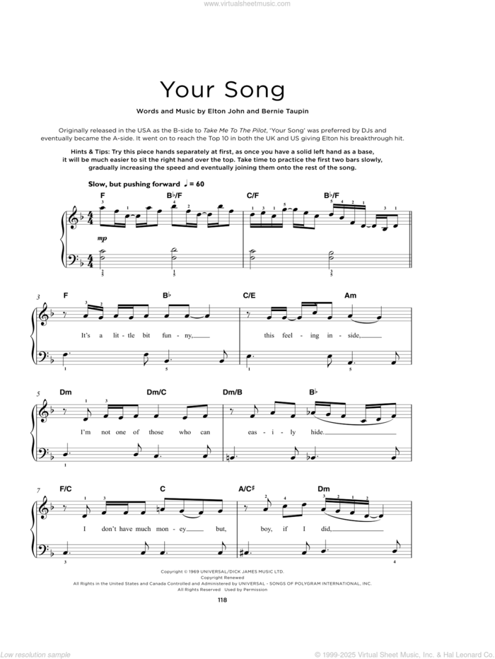 Your Song sheet music for piano solo by Elton John and Bernie Taupin, beginner skill level