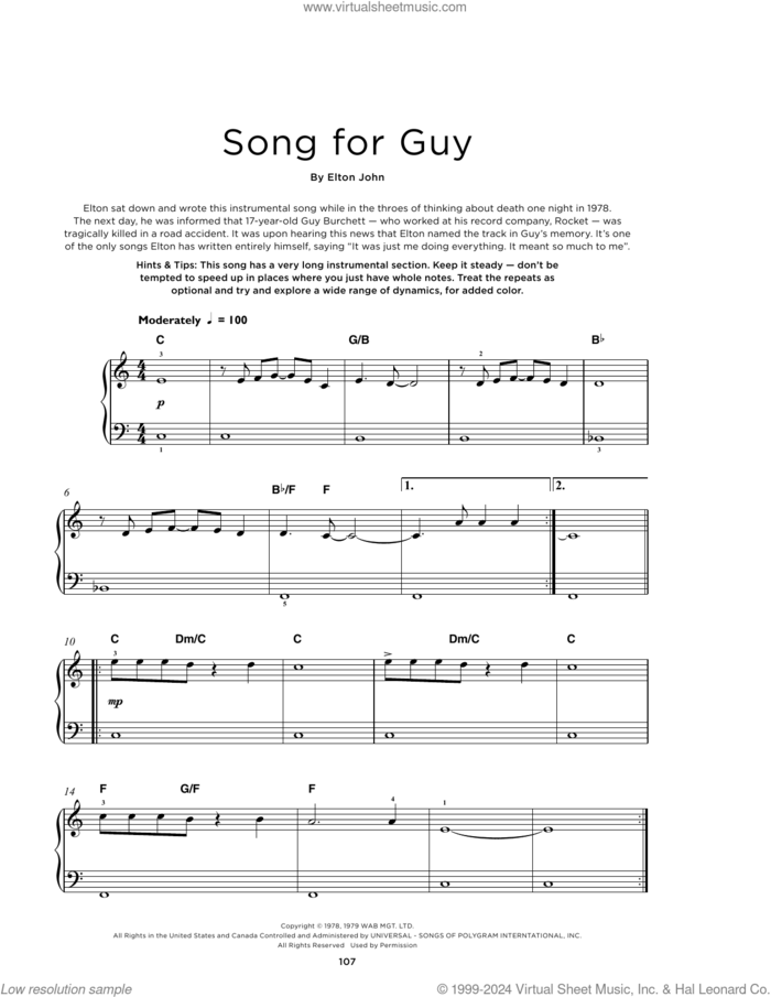 Song For Guy, (beginner) sheet music for piano solo by Elton John, beginner skill level