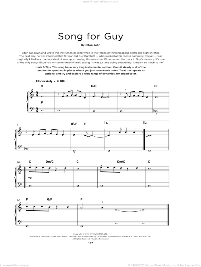 Song For Guy, (beginner) sheet music for piano solo by Elton John, beginner skill level