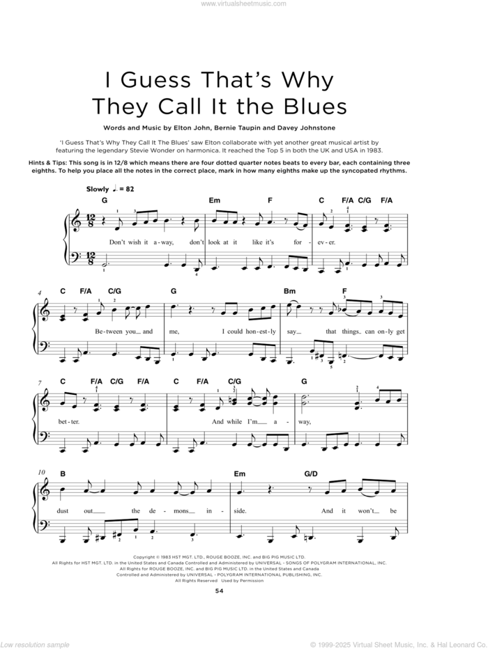 I Guess That's Why They Call It The Blues sheet music for piano solo by Elton John, Bernie Taupin and Davey Johnstone, beginner skill level