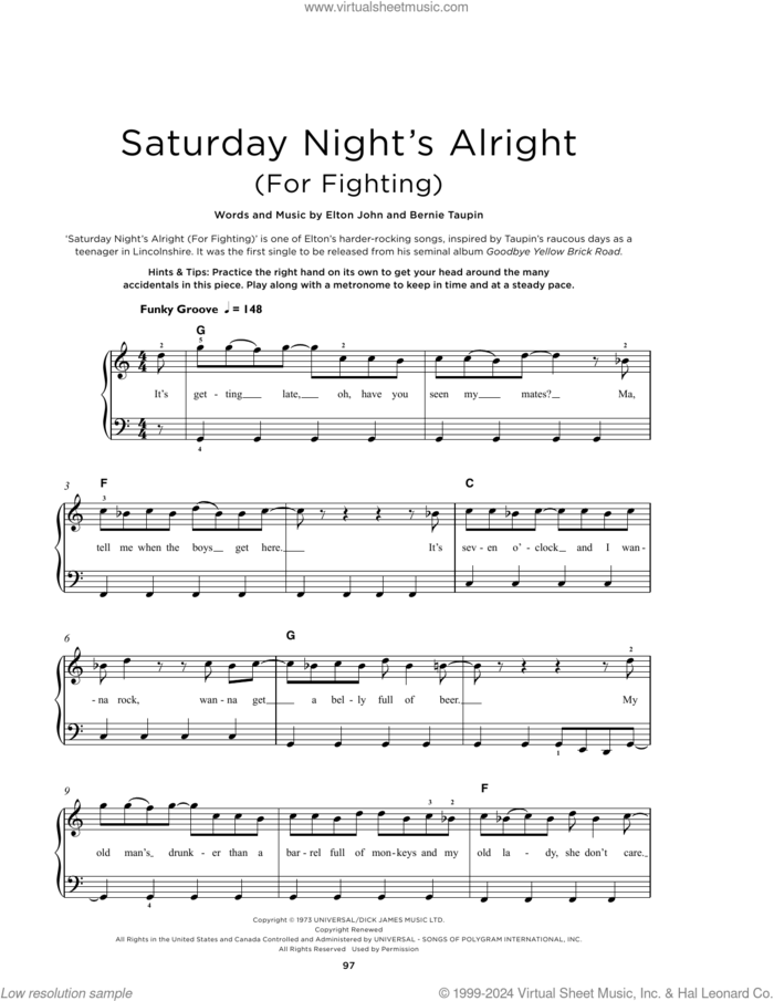 Saturday Night's Alright (For Fighting) sheet music for piano solo by Elton John and Bernie Taupin, beginner skill level
