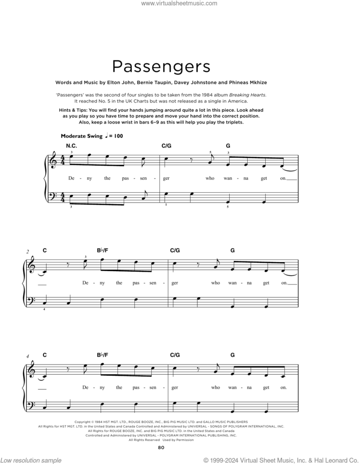 Passengers sheet music for piano solo by Elton John, Bernie Taupin, Davey Johnstone and Phineas Mkhize, beginner skill level