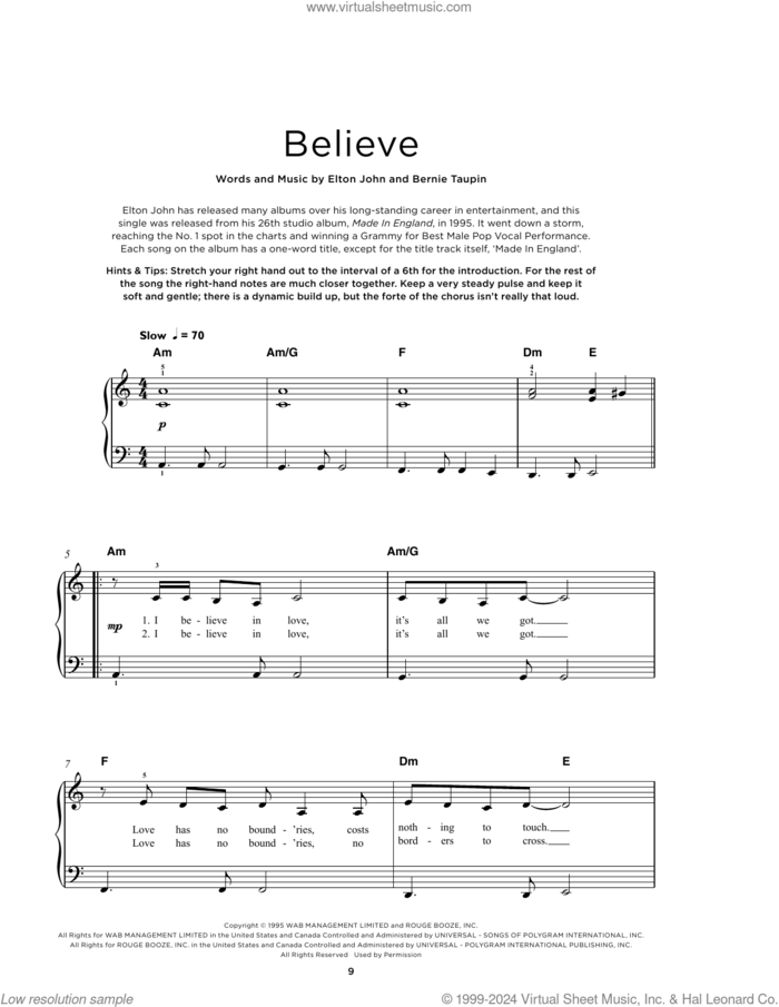 Believe, (beginner) sheet music for piano solo by Elton John and Bernie Taupin, beginner skill level