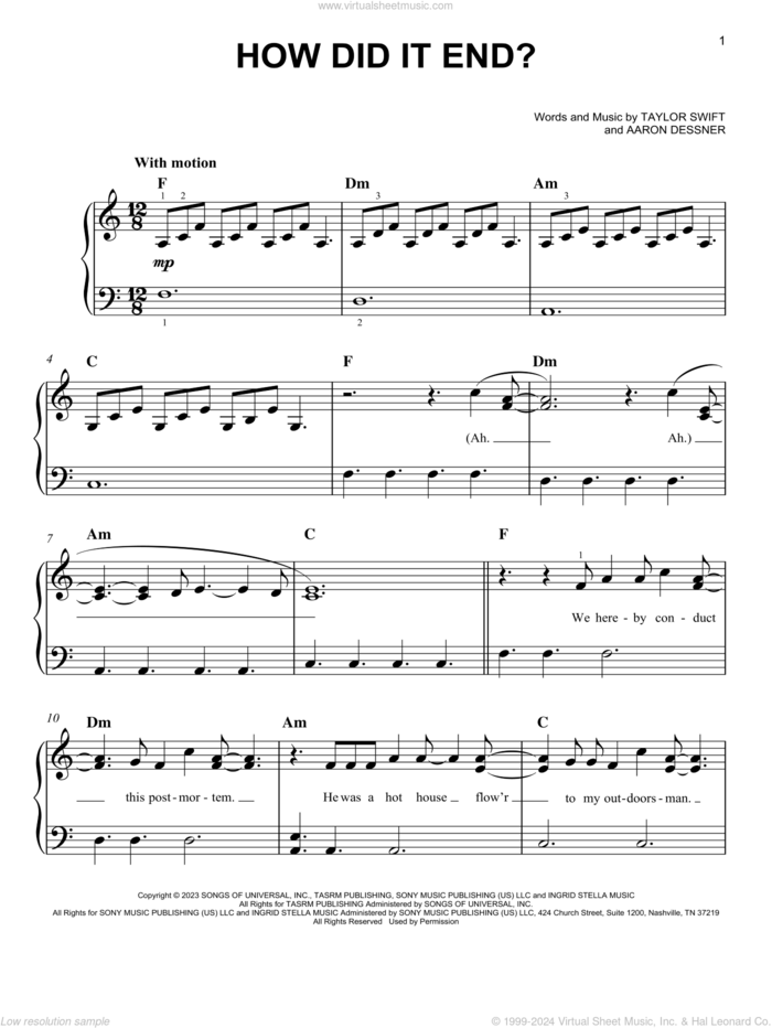 How Did It End? sheet music for piano solo by Taylor Swift and Aaron Dessner, easy skill level