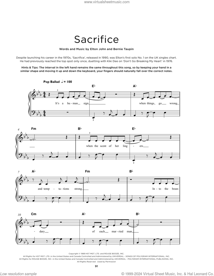 Sacrifice, (beginner) sheet music for piano solo by Elton John and Bernie Taupin, beginner skill level