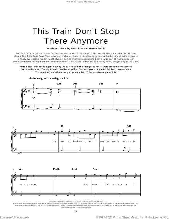 This Train Don't Stop There Anymore sheet music for piano solo by Elton John and Bernie Taupin, beginner skill level