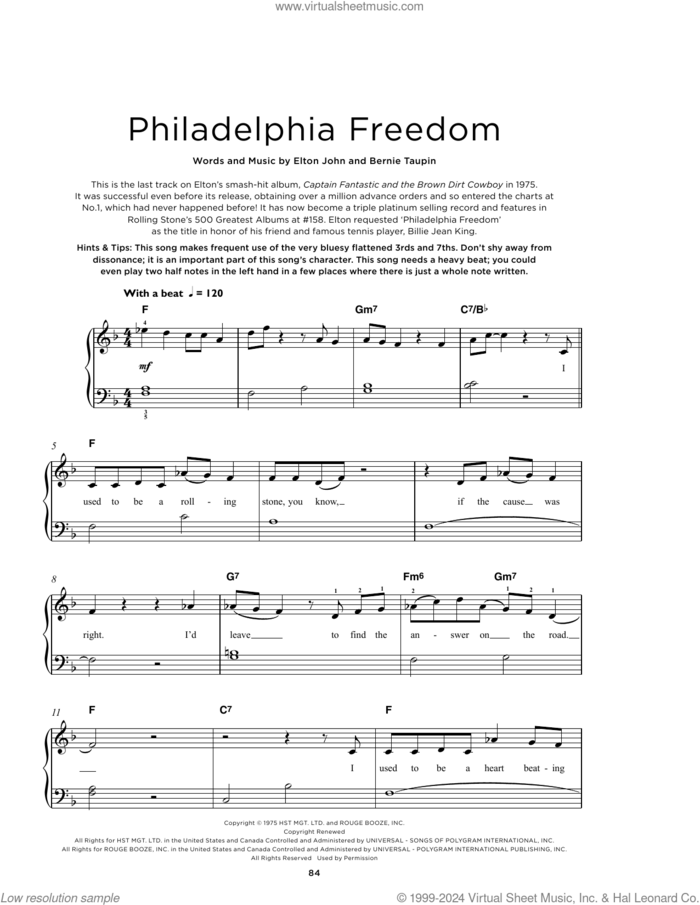Philadelphia Freedom sheet music for piano solo by Elton John and Bernie Taupin, beginner skill level