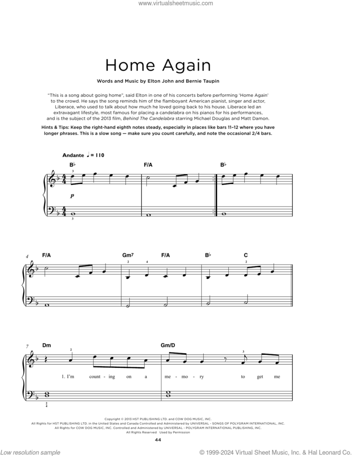 Home Again sheet music for piano solo by Elton John and Bernie Taupin, beginner skill level