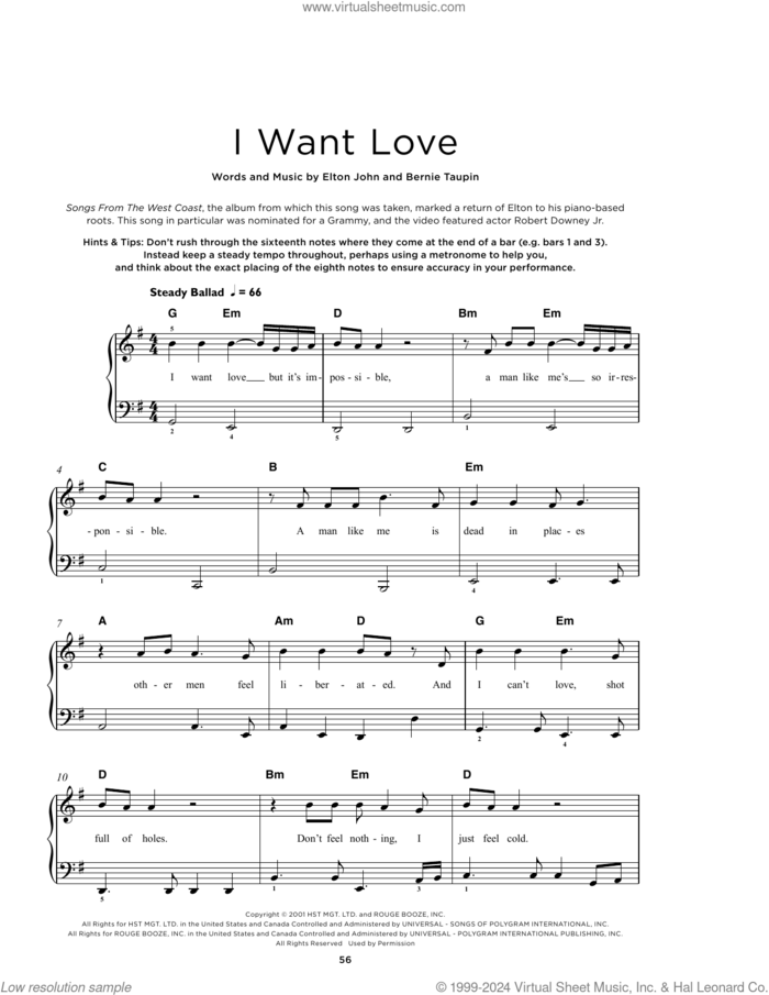 I Want Love, (beginner) sheet music for piano solo by Elton John and Bernie Taupin, beginner skill level