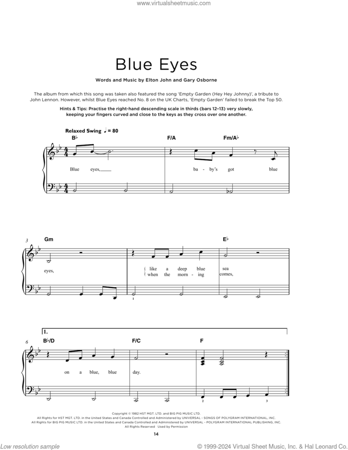 Blue Eyes, (beginner) sheet music for piano solo by Elton John and Gary Osborne, beginner skill level