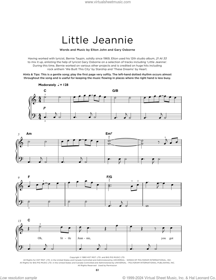 Little Jeannie, (beginner) sheet music for piano solo by Elton John and Gary Osborne, beginner skill level