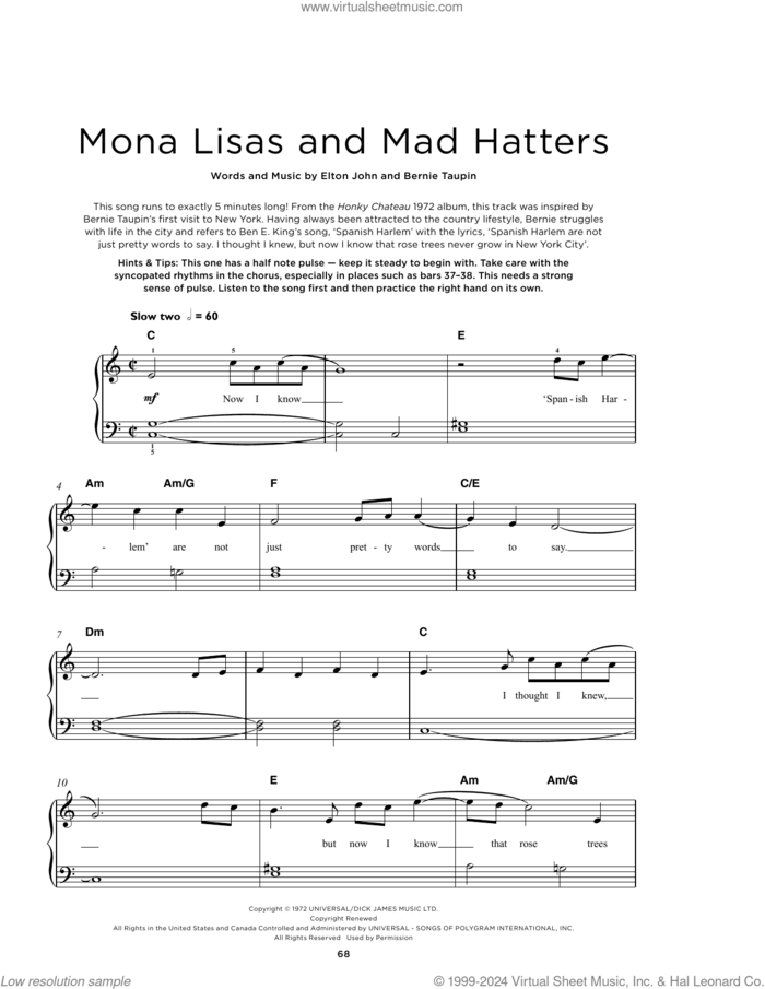 Mona Lisas And Mad Hatters sheet music for piano solo by Elton John and Bernie Taupin, beginner skill level
