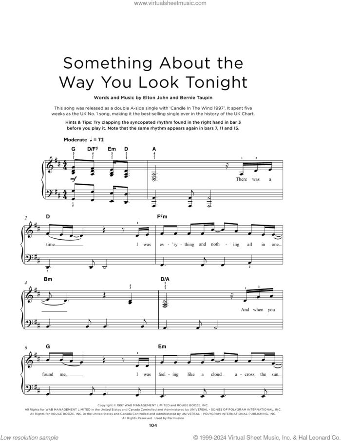 Something About The Way You Look Tonight, (beginner) sheet music for piano solo by Elton John and Bernie Taupin, beginner skill level