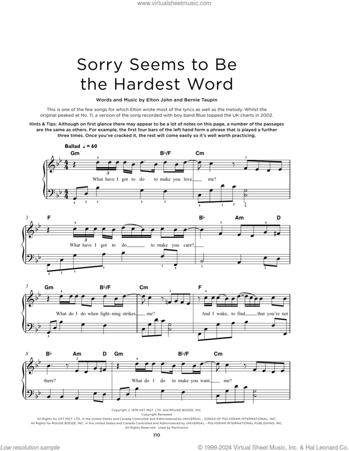 Sorry Seems To Be The Hardest Word sheet music for piano solo by Elton John and Bernie Taupin, beginner skill level