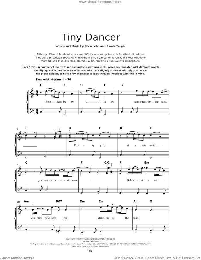 Tiny Dancer sheet music for piano solo by Elton John and Bernie Taupin, beginner skill level