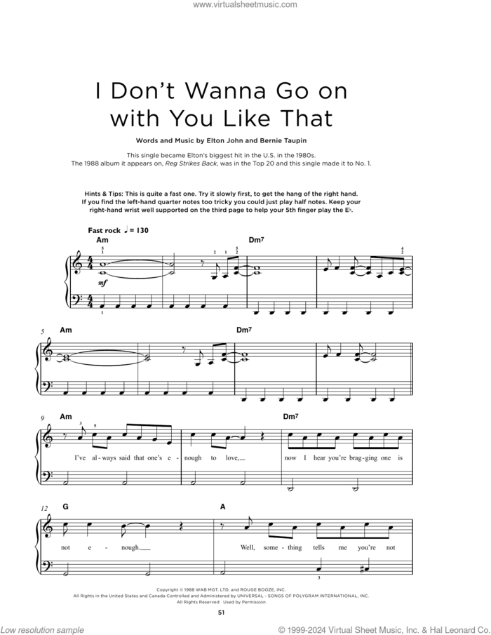 I Don't Wanna Go On With You Like That sheet music for piano solo by Elton John and Bernie Taupin, beginner skill level