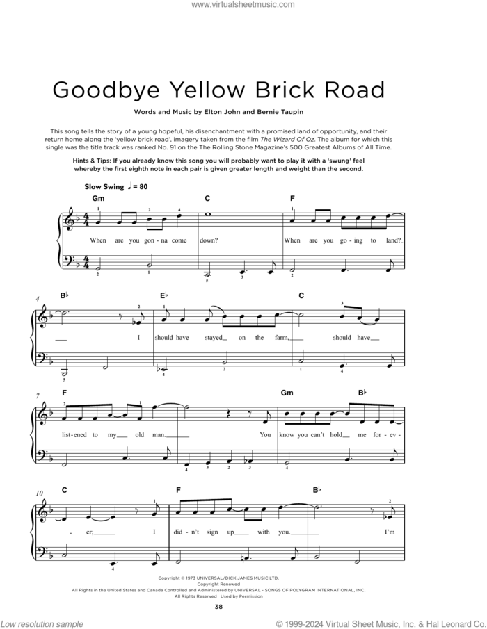 Goodbye Yellow Brick Road sheet music for piano solo by Elton John and Bernie Taupin, beginner skill level