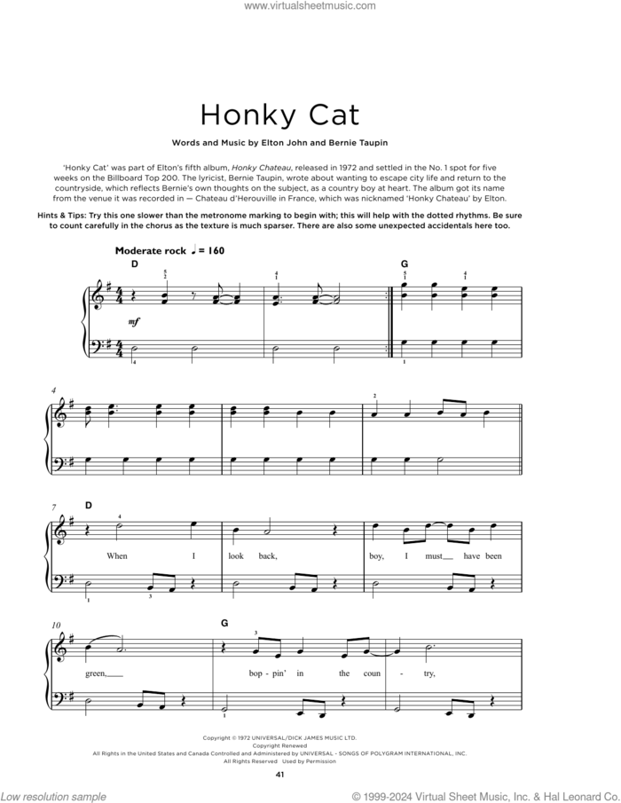 Honky Cat, (beginner) sheet music for piano solo by Elton John and Bernie Taupin, beginner skill level
