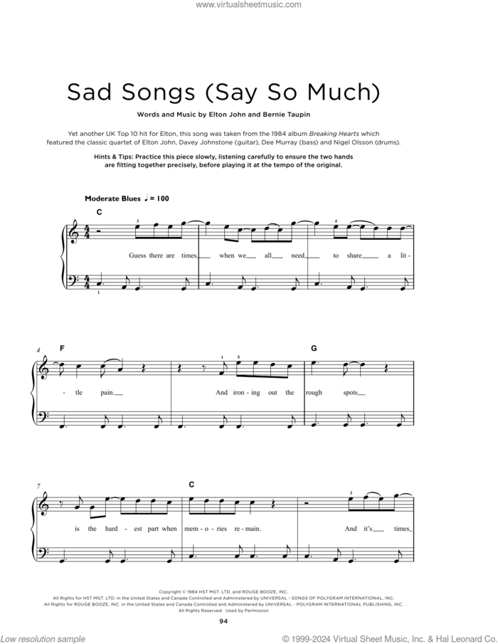 Sad Songs (Say So Much), (beginner) sheet music for piano solo by Elton John and Bernie Taupin, beginner skill level