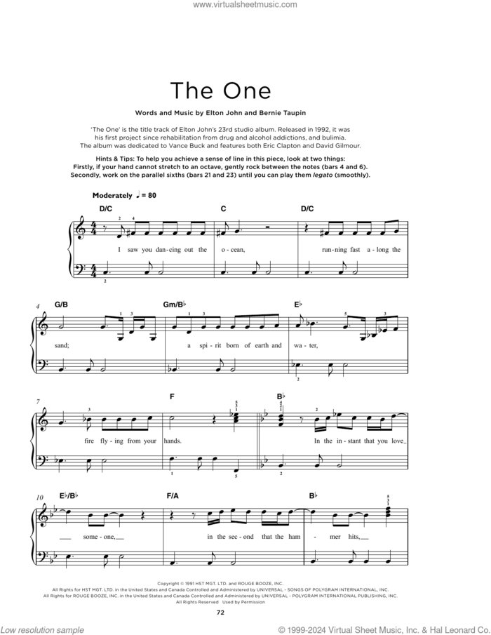 The One, (beginner) sheet music for piano solo by Elton John and Bernie Taupin, beginner skill level