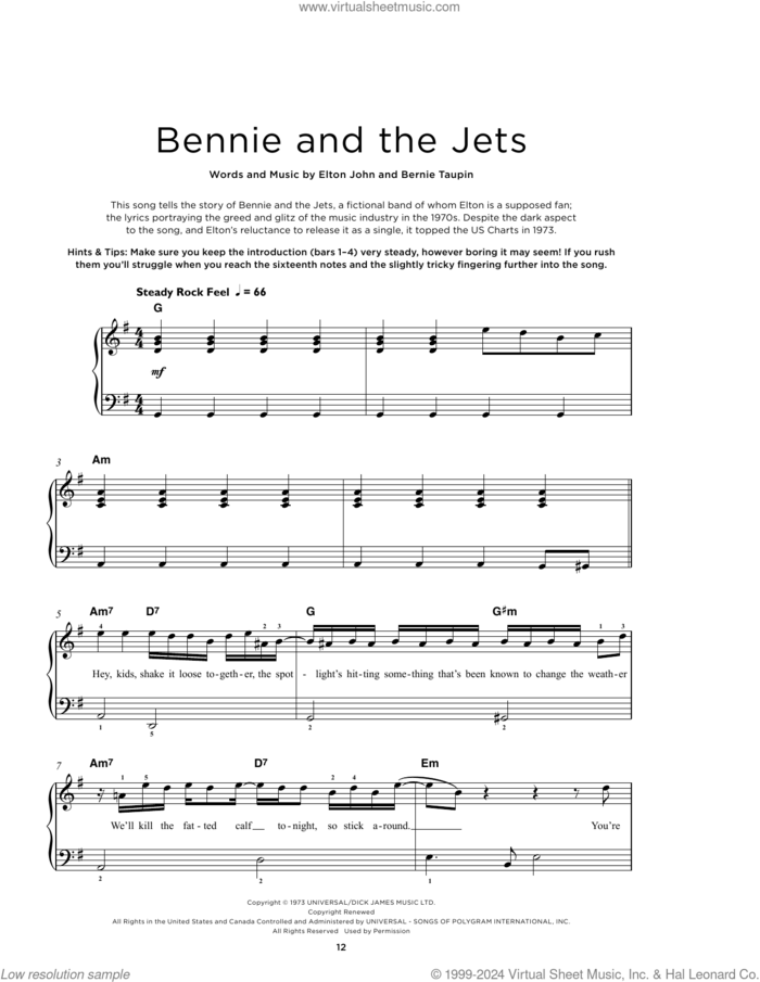 Bennie And The Jets sheet music for piano solo by Elton John and Bernie Taupin, beginner skill level