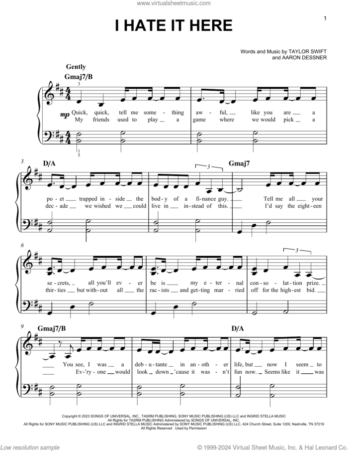 I Hate It Here sheet music for piano solo by Taylor Swift and Aaron Dessner, easy skill level