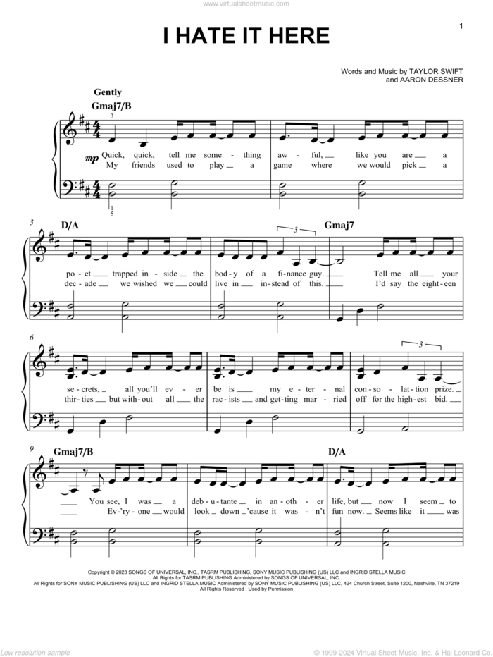 I Hate It Here sheet music for piano solo by Taylor Swift and Aaron Dessner, easy skill level